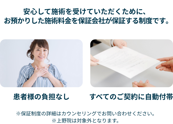 安心して施術を受けていただくために、お預かりした施術料金を保証会社が保証する制度です｡患者様の負担なし,すべてのご契約に自動付帯。※保証制度の詳細はカウンセリングでお問い合わせください。※上野院は対象外となります。
